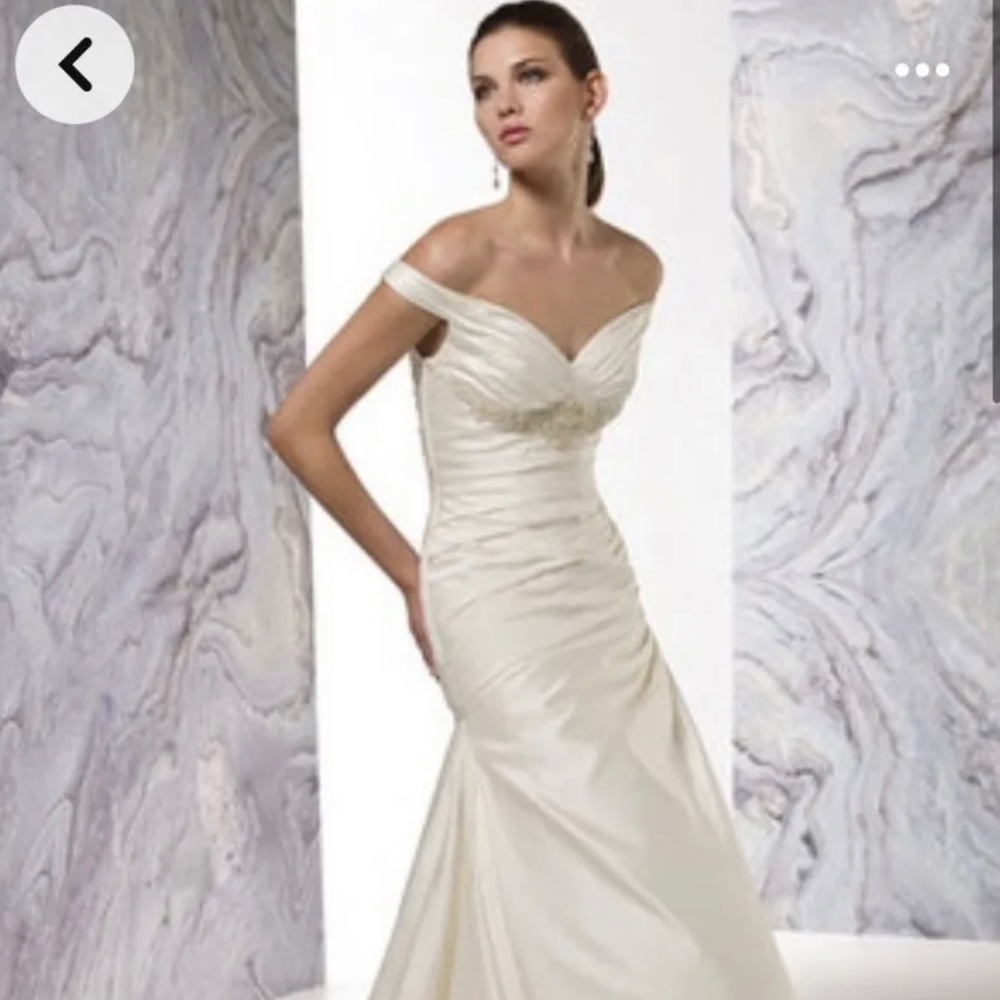 Alyce Designs off shoulder ivory satin wedding dress - size 10 (NWT) style 7222